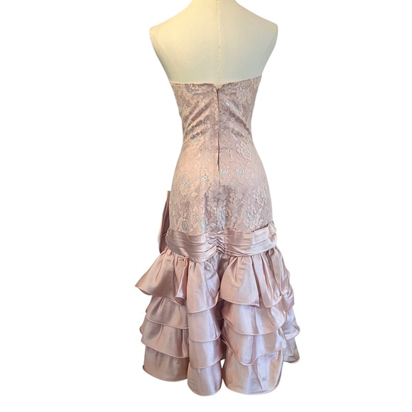 Vintage 80s Pink Lace Satin Ruffle Bow Prom Dress Strapless Sirencore coquette 9 - Picture 5 of 10